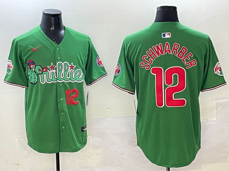 Men Philadelphia Phillies #12 Schwarber Green Three generations Joint Name Game 2025 Nike MLB Jersey style 3